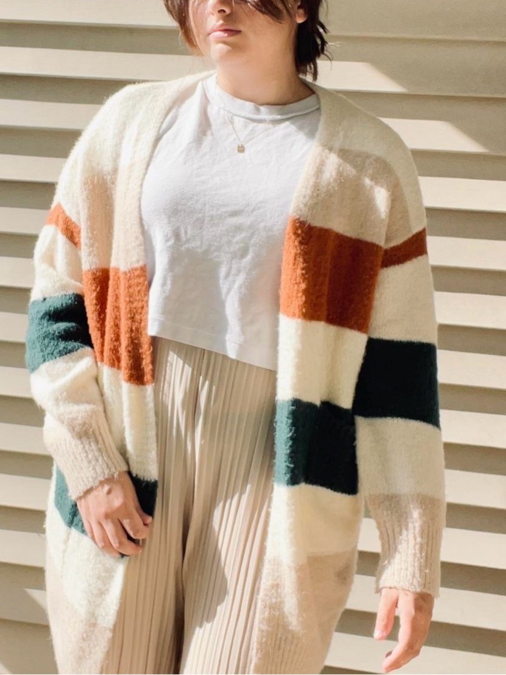 Dreamers Cream Rust Forest Green Striped Open Cardigan